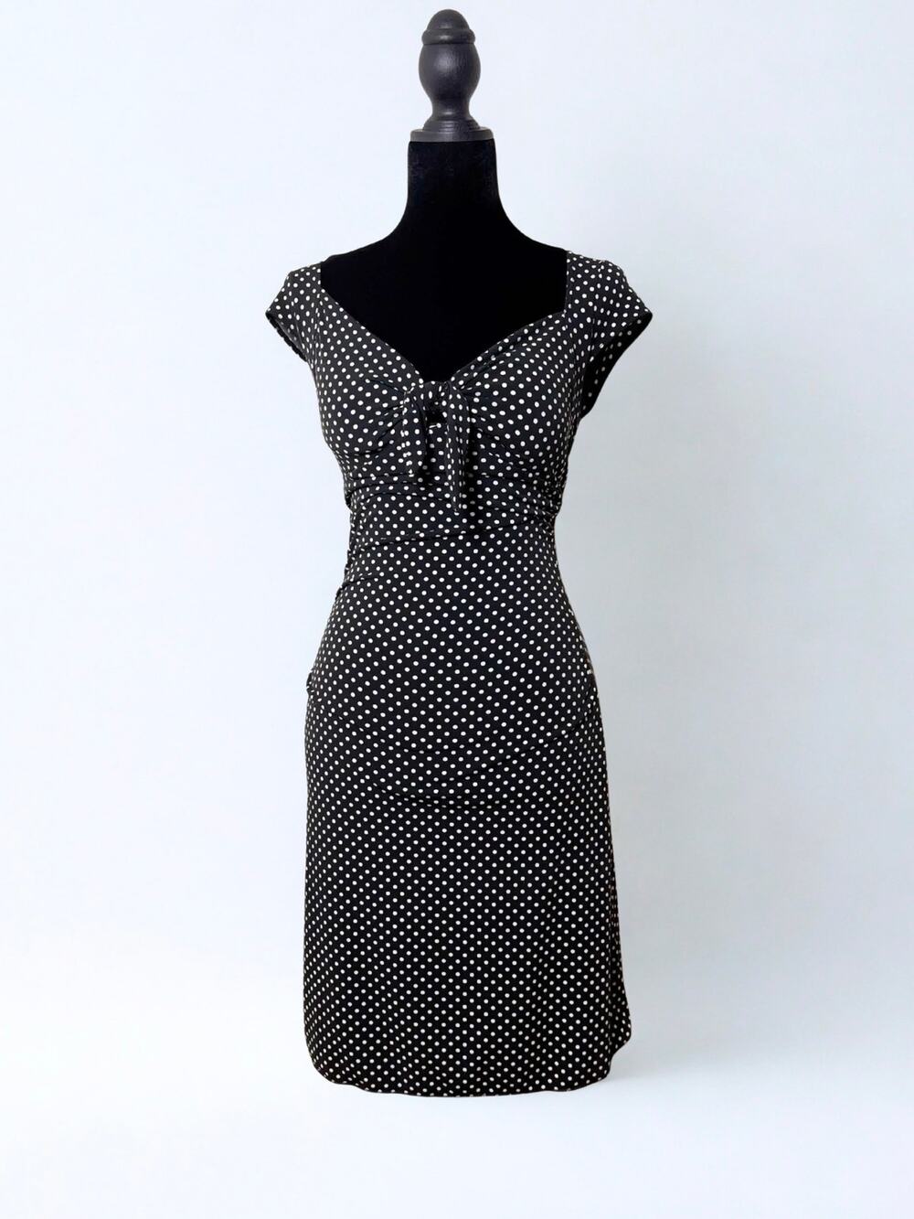 Vtg Y2K Donutz Inc Black White Polka Dot Fitted Bodycon Cap Sleeve Mini Dress XS
